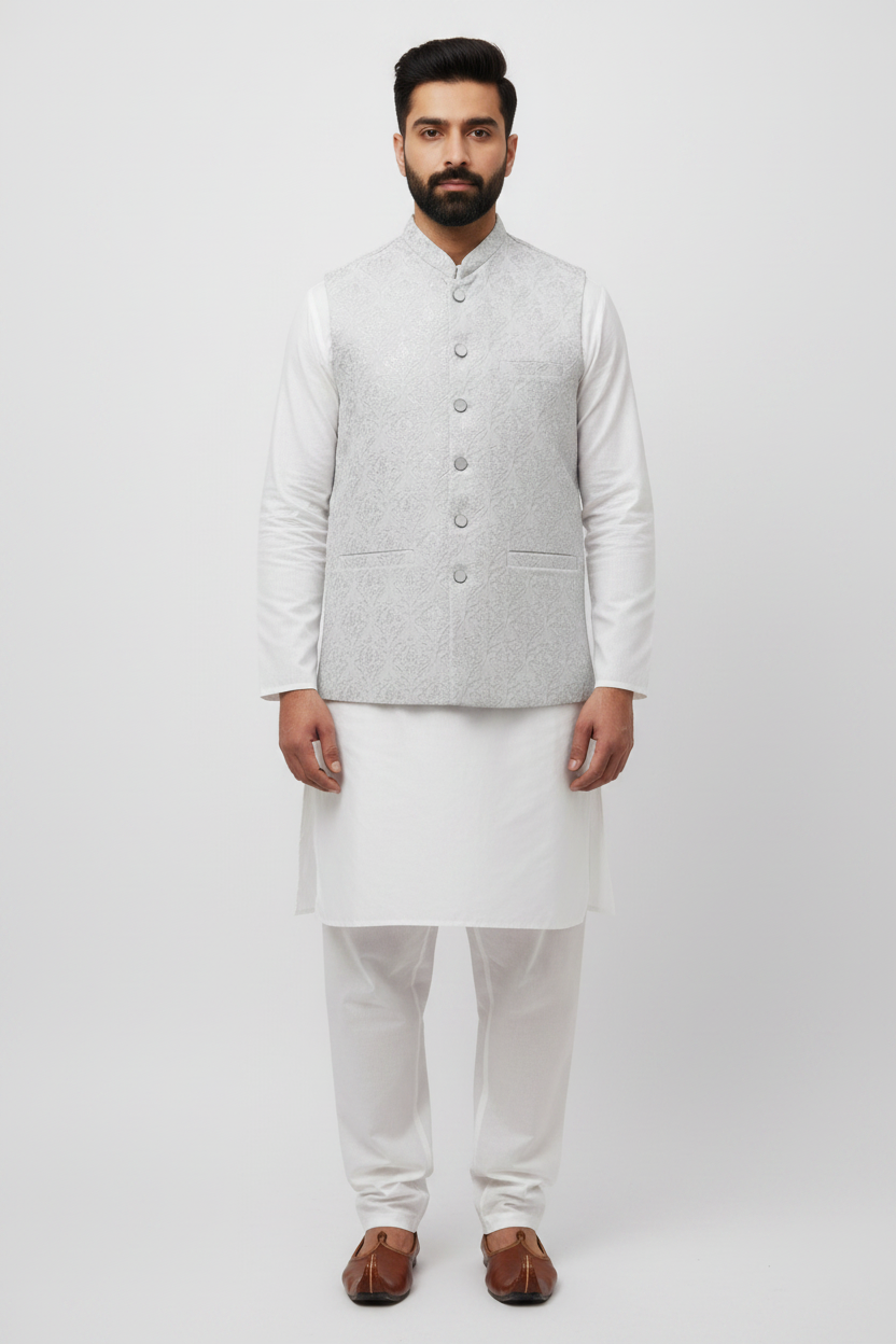 Men's Sequin Embroidery Jamawar Silver Crown Design Waistcoat Full