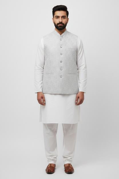 Men's Sequin Embroidery Jamawar Silver Crown Design Waistcoat Full