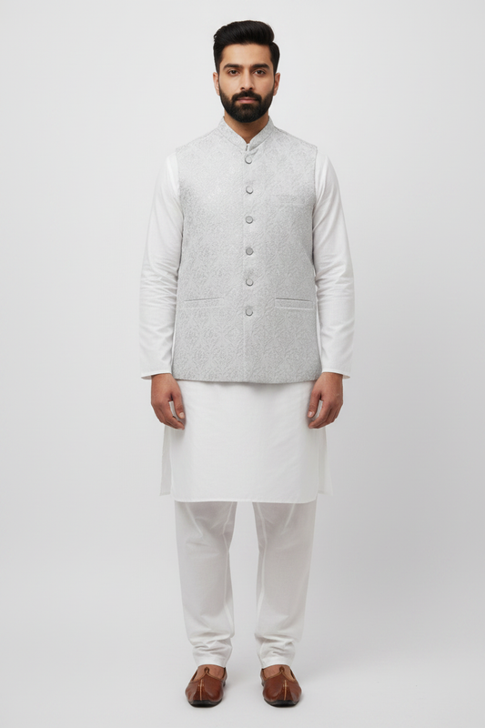 Men's Sequin Embroidery Jamawar Silver Crown Design Waistcoat Full