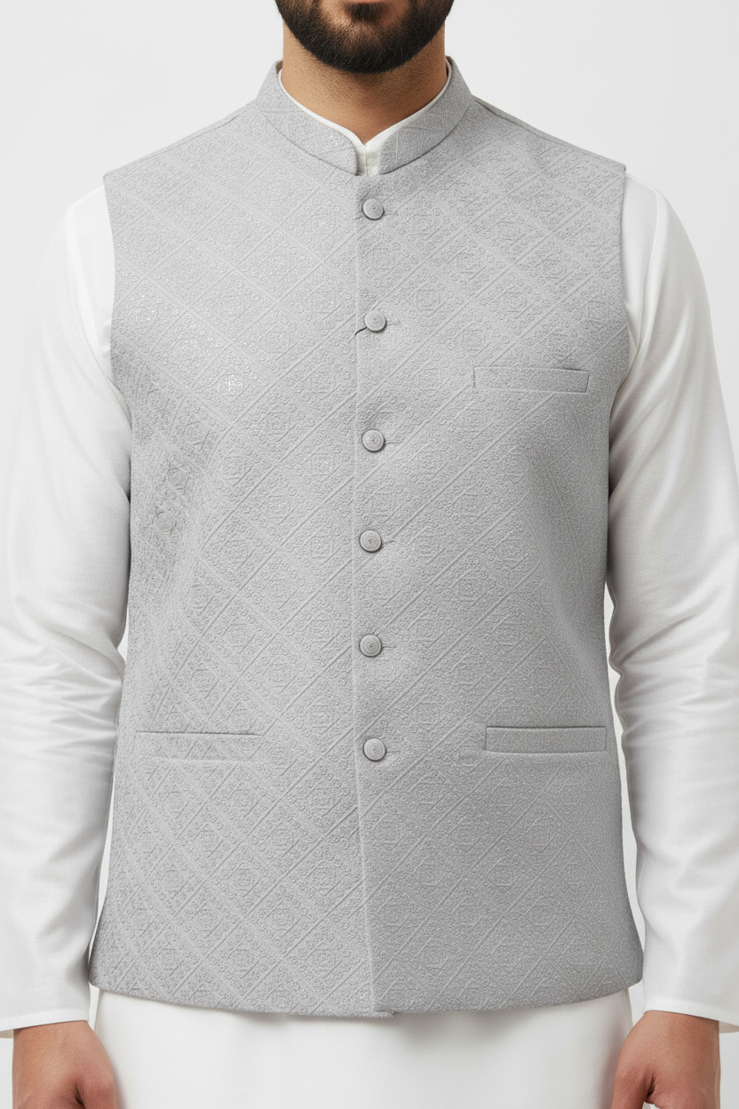 Men's Sequin Embroidery Jamawar Silver Diamond Design Waistcoat Close Up