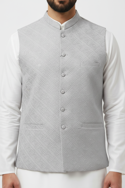 Men's Sequin Embroidery Jamawar Silver Diamond Design Waistcoat Close Up