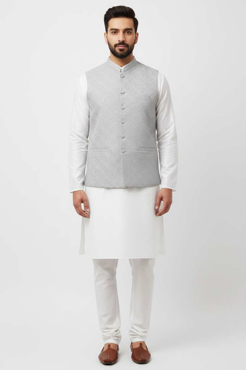Men's Sequin Embroidery Jamawar Silver Diamond Design Waistcoat Full