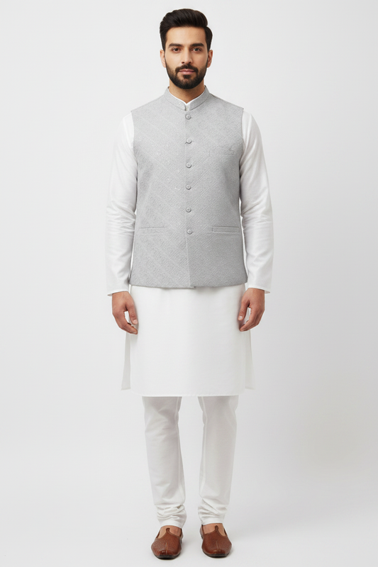 Men's Sequin Embroidery Jamawar Silver Diamond Design Waistcoat Full