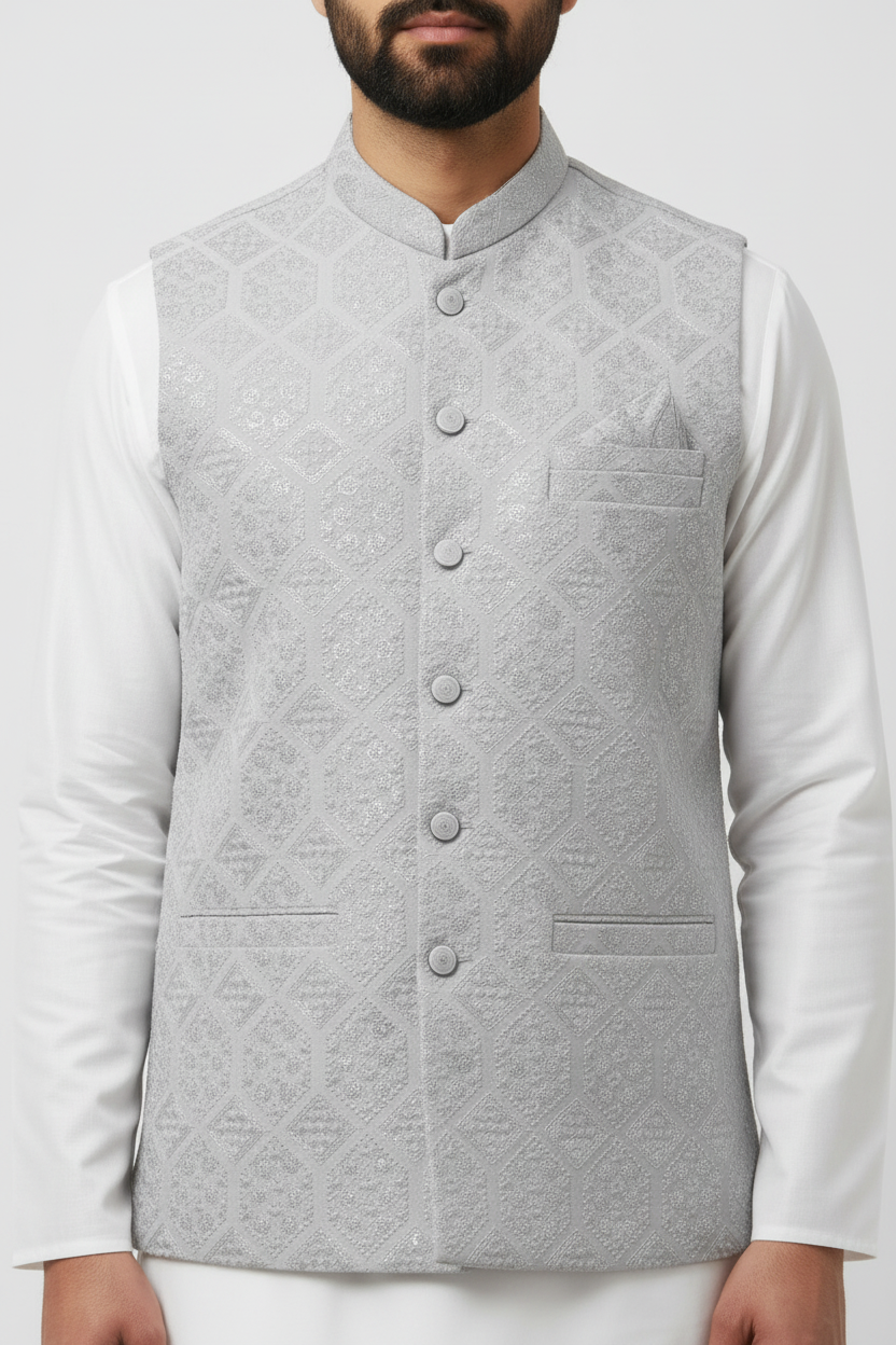 Men's Sequin Embroidery Jamawar Silver Hex Design Waistcoat Close Up