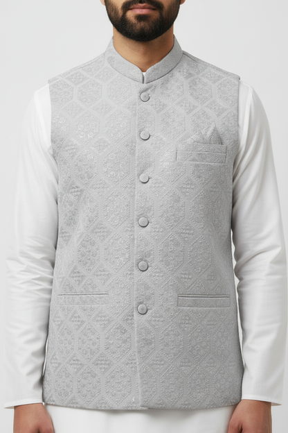 Men's Sequin Embroidery Jamawar Silver Hex Design Waistcoat Close Up