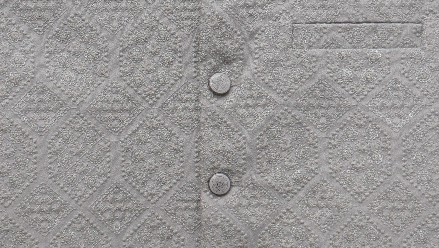 Men's Sequin Embroidery Jamawar Silver Hex Design Waistcoat Fabric