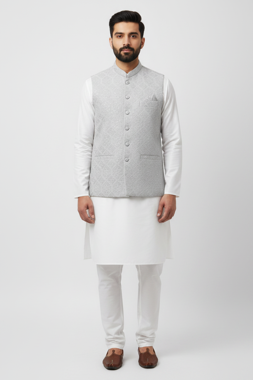 Men's Sequin Embroidery Jamawar Silver Hex Design Waistcoat Full