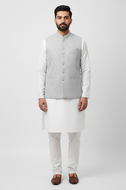 Men's Sequin Embroidery Jamawar Silver Hex Design Waistcoat Full
