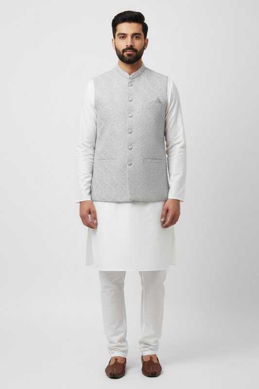 Men's Sequin Embroidery Jamawar Silver Hex Design Waistcoat Full
