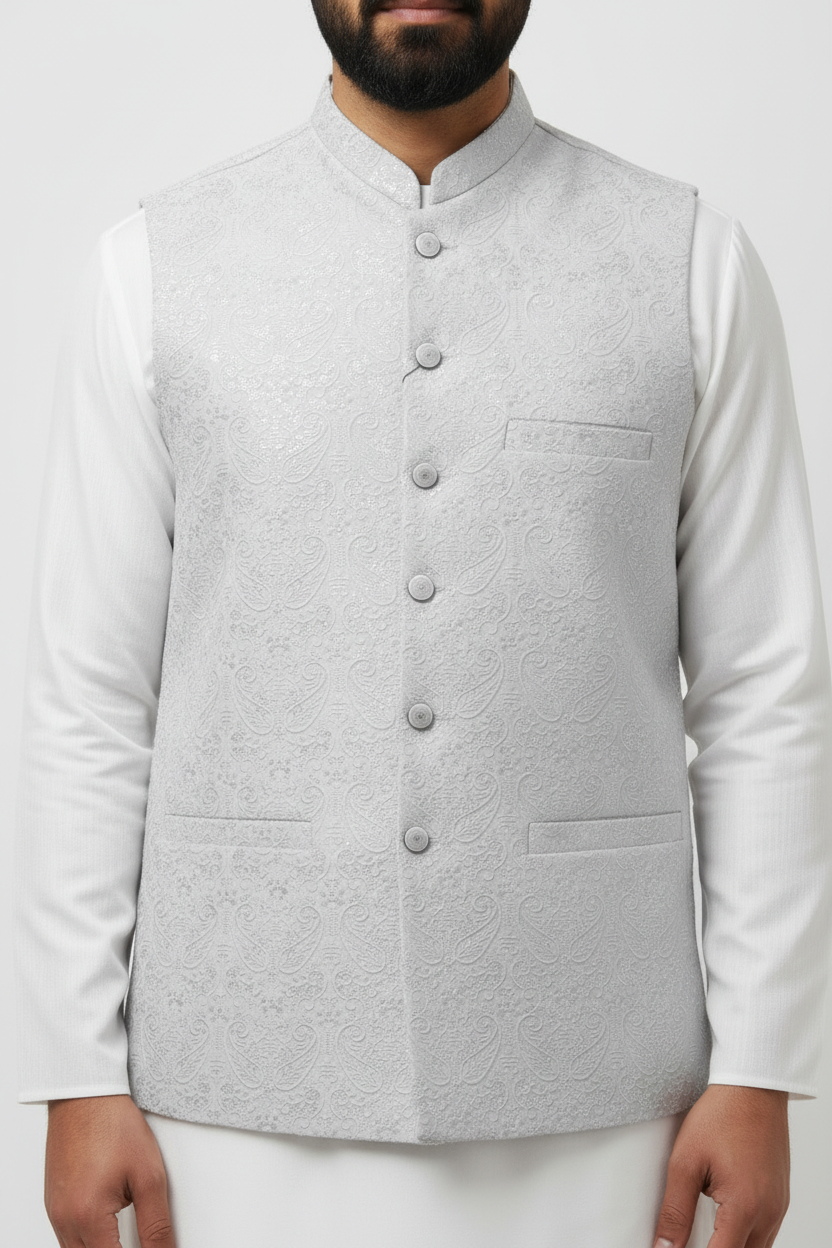 Men's Sequin Embroidery Jamawar Silver Paisley Design Waistcoat Close Up