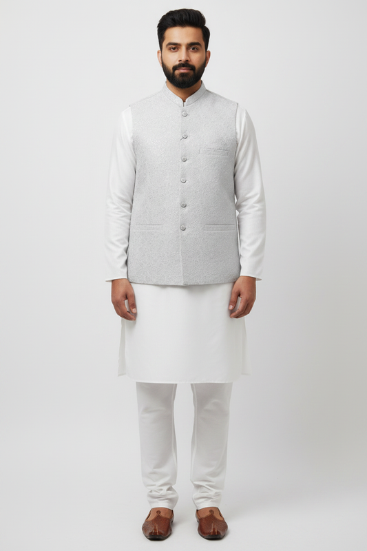 Men's Sequin Embroidery Jamawar Silver Paisley Design Waistcoat Full