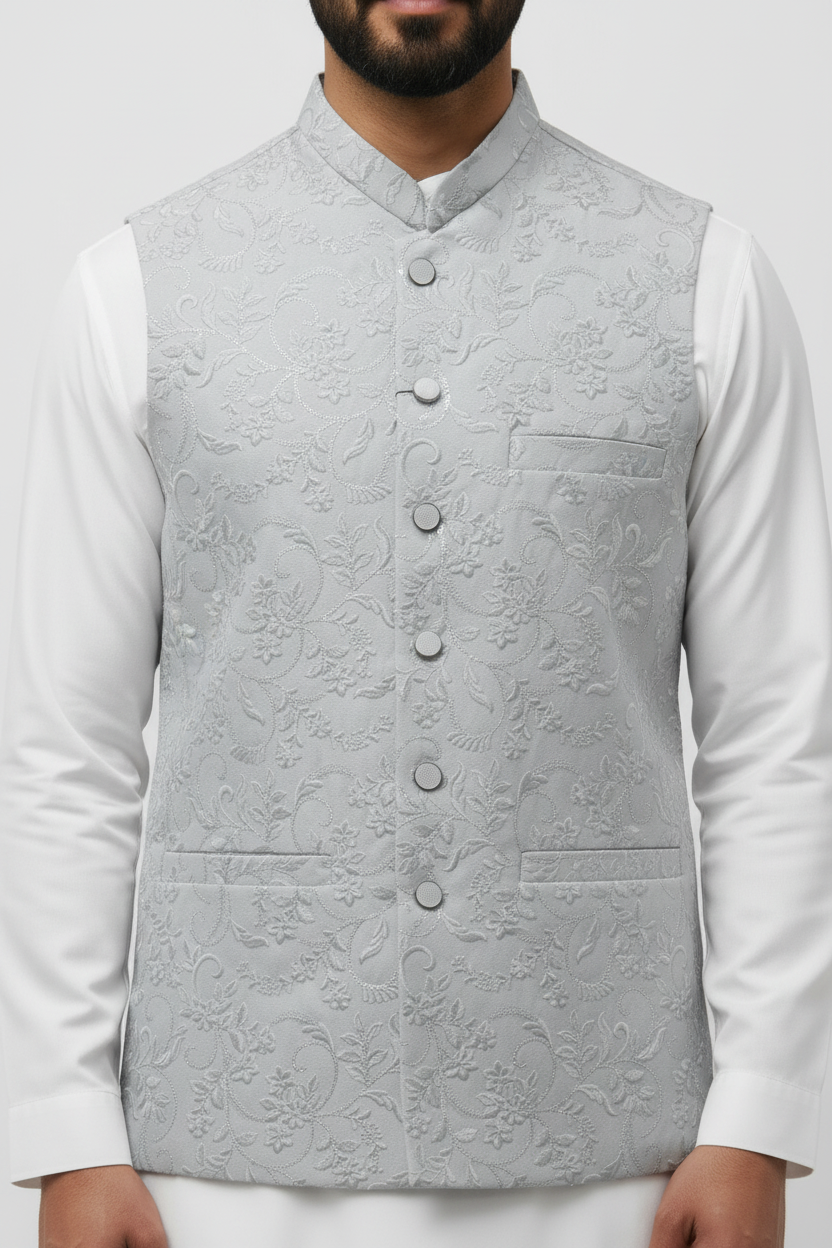Men's Sequin Embroidery Jamawar Silver Thread Motif Design Waistcoat Close up