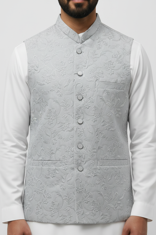 Men's Sequin Embroidery Jamawar Silver Thread Motif Design Waistcoat Close up