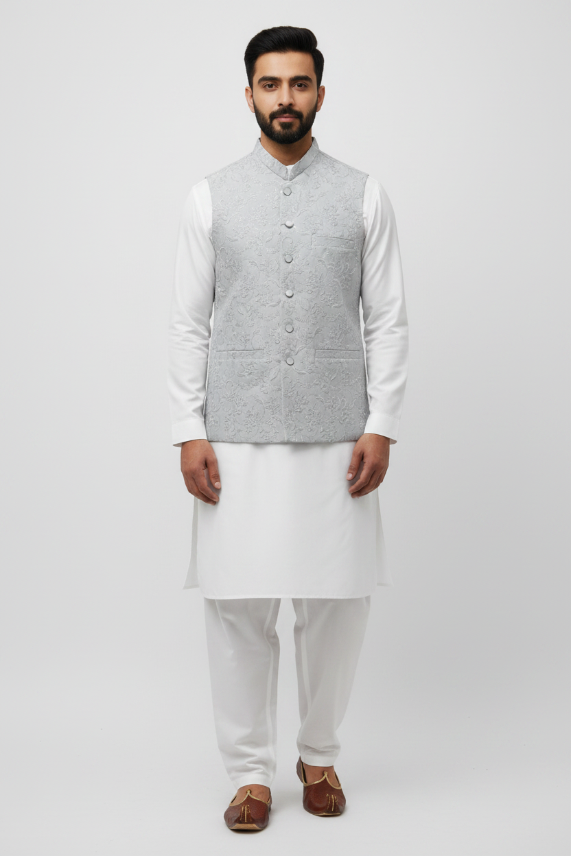 Men's Sequin Embroidery Jamawar Silver Thread Motif Design Waistcoat Full