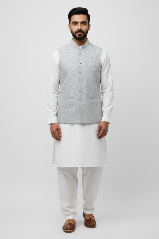 Men's Sequin Embroidery Jamawar Silver Thread Motif Design Waistcoat Full