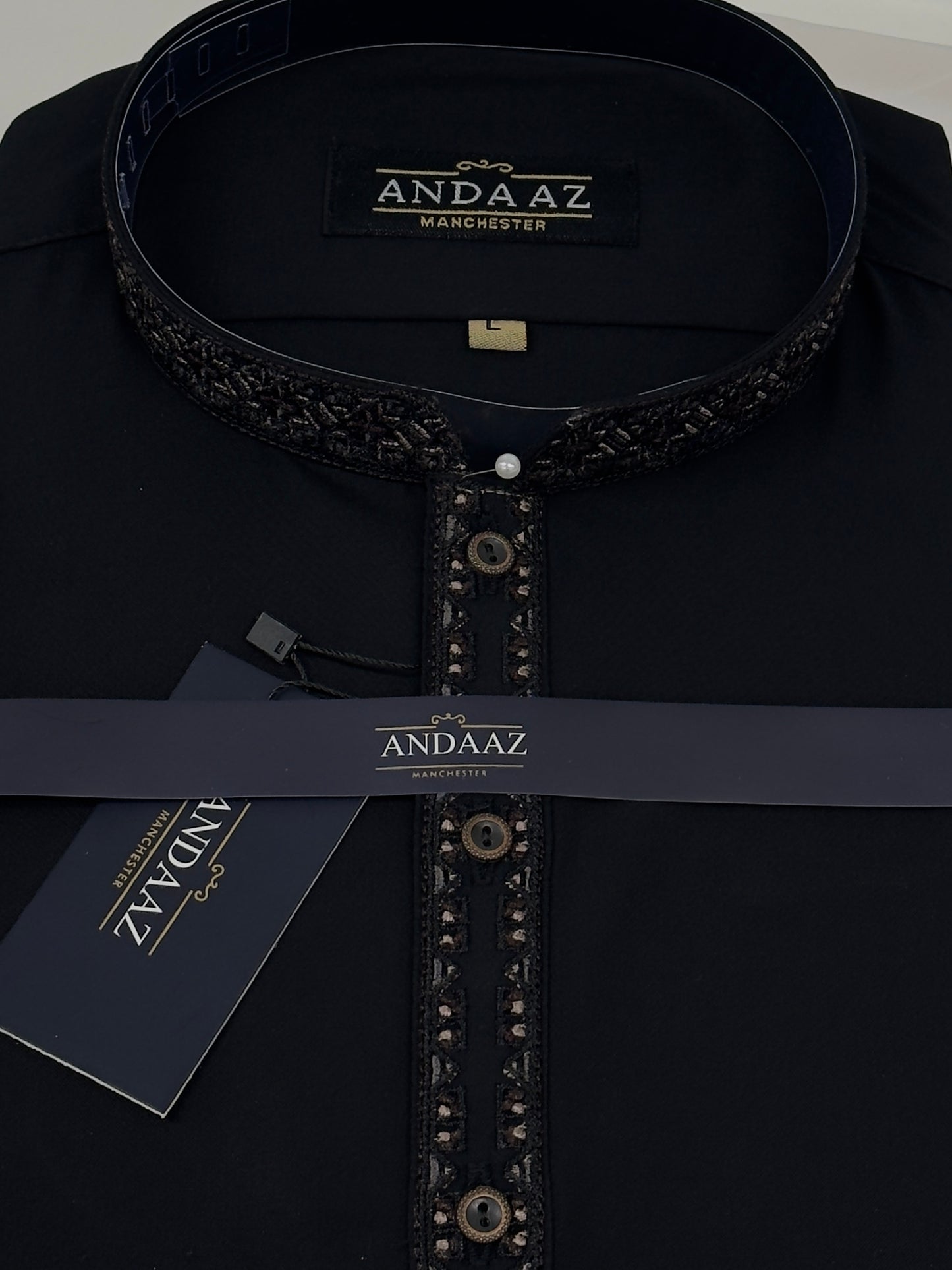 Men's Shalwar Kameez Black with Multi Colour Split Placket Embroidery