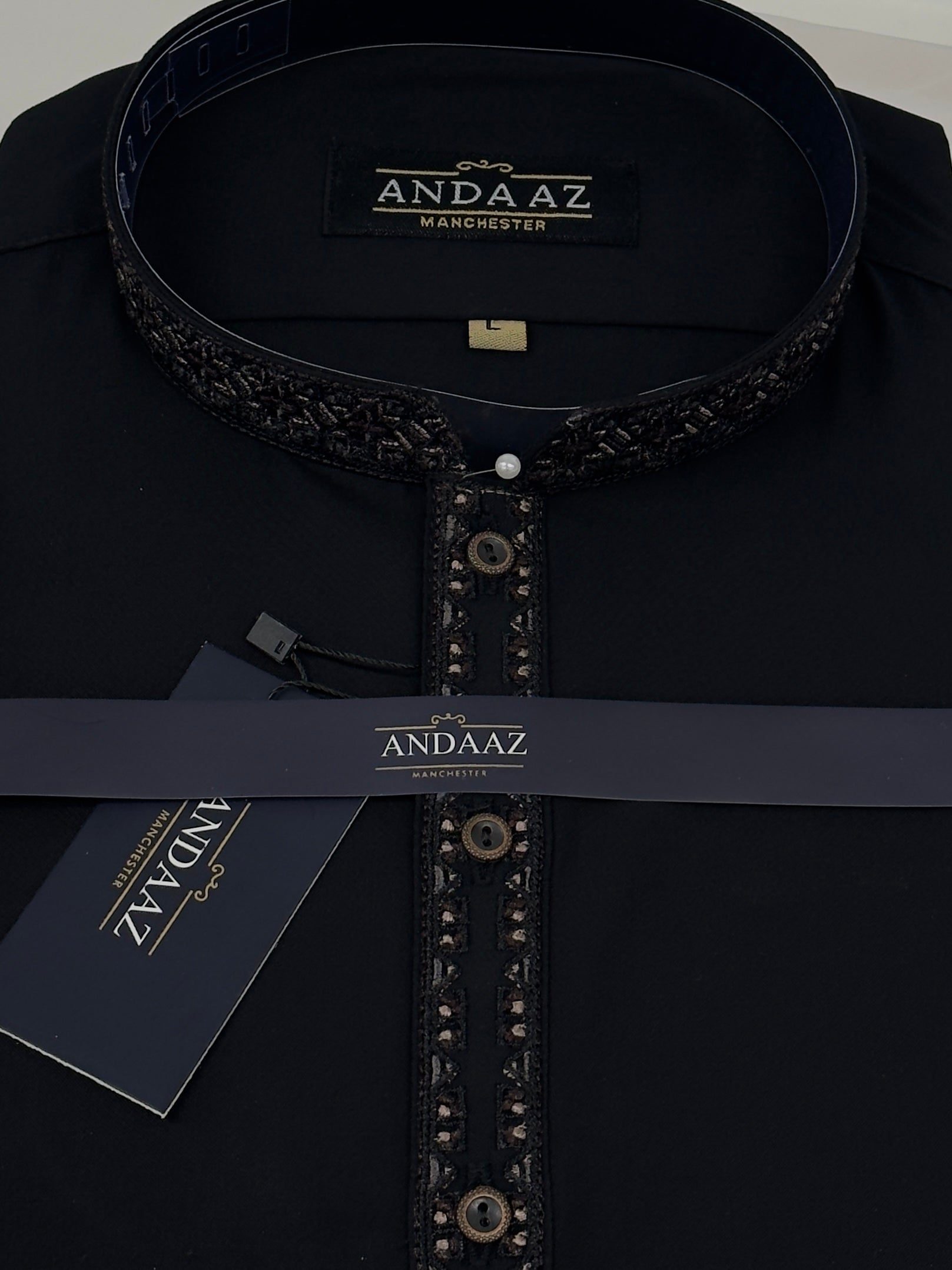 Men's Shalwar Kameez Black with Multi Colour Split Placket Embroidery