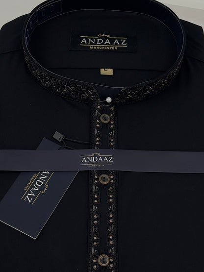 Men's Shalwar Kameez Black with Multi Colour Split Placket Embroidery