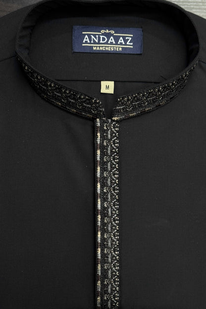 Men's Shalwar Kameez Black with New Multi Colour Placket Embroidery