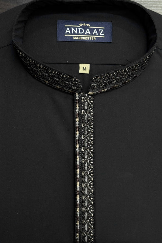 Men's Shalwar Kameez Black with New Multi Colour Placket Embroidery