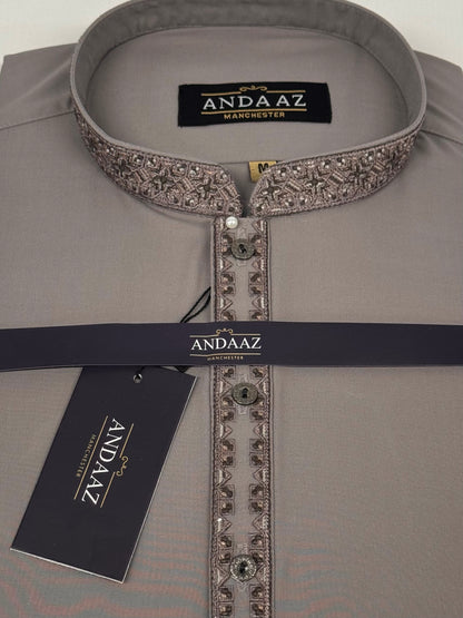 Men's Shalwar Kameez Clay with Multi Colour Split Placket Embroidery