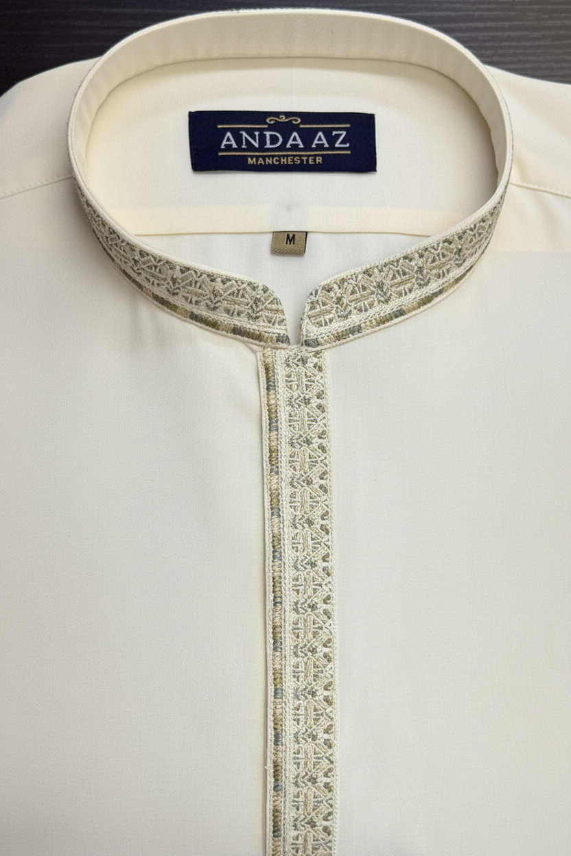 Men's Shalwar Kameez Cream with New Multi Colour Placket Embroidery