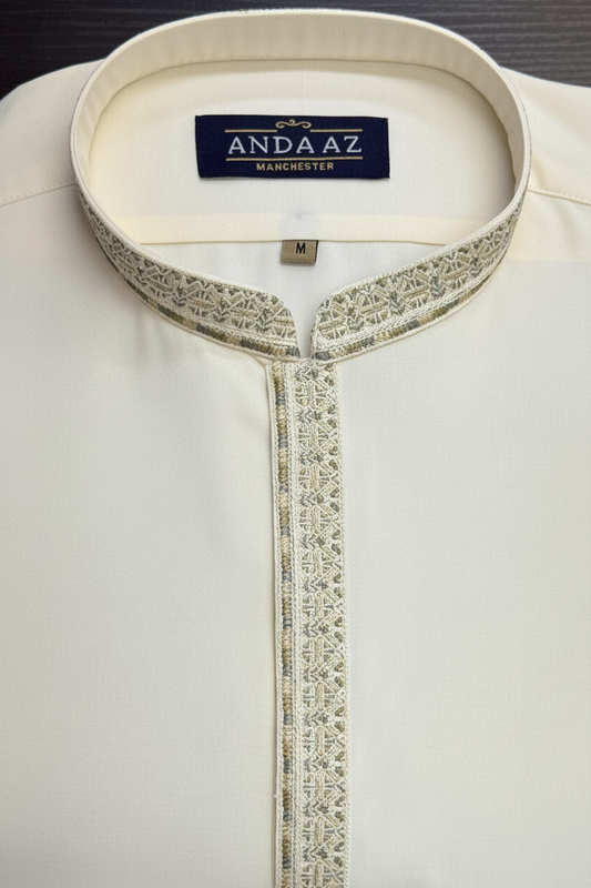 Men's Shalwar Kameez Cream with New Multi Colour Placket Embroidery