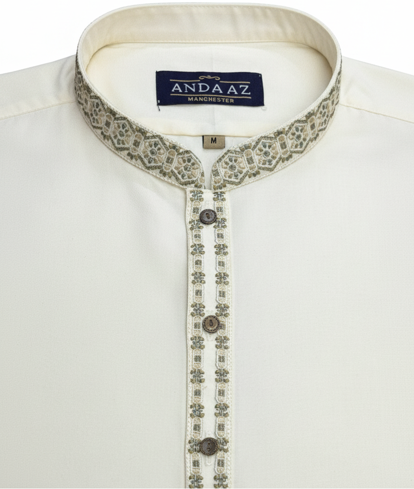 Men's Shalwar Kameez Cream with New Multi Colour Split Placket Embroidery