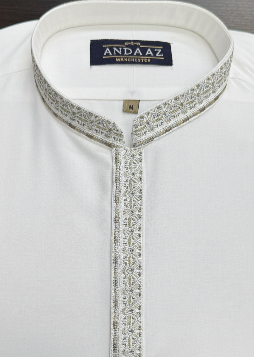 Men's Shalwar Kameez Off White with New Multi Colour Placket Embroidery