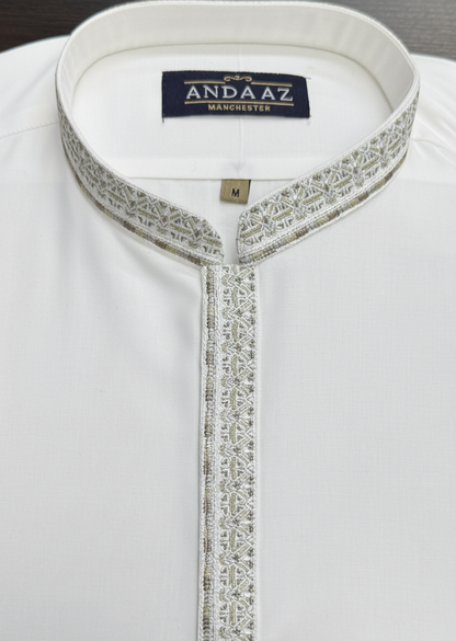 Men's Shalwar Kameez Off White with New Multi Colour Placket Embroidery