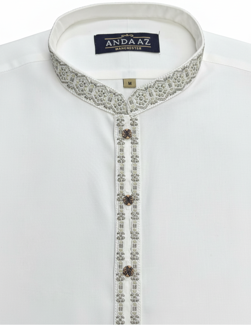 Men's Shalwar Kameez Off White with New Multi Colour Split Placket Embroidery