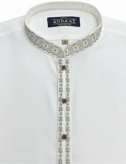 Men's Shalwar Kameez Off White with New Multi Colour Split Placket Embroidery