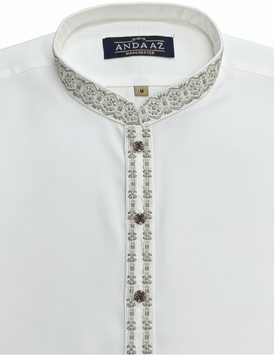 Men's Shalwar Kameez Off White with New Multi Colour Split Placket Embroidery