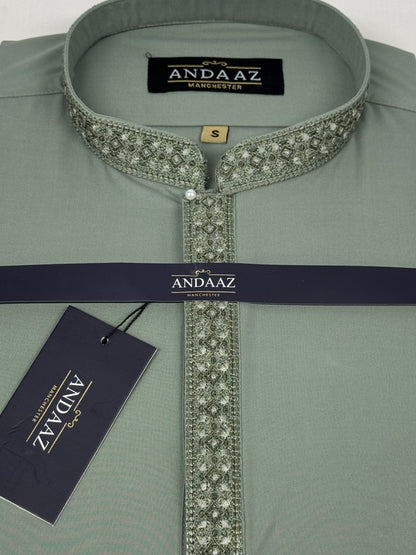 Men's Shalwar Kameez Sage with Multi Colour Placket Embroidery