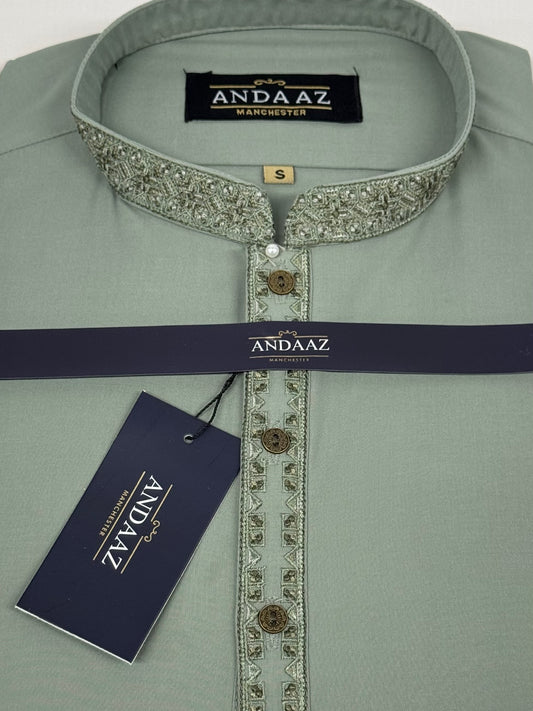 Men's Shalwar Kameez Sage with Multi Colour Split Placket Embroidery