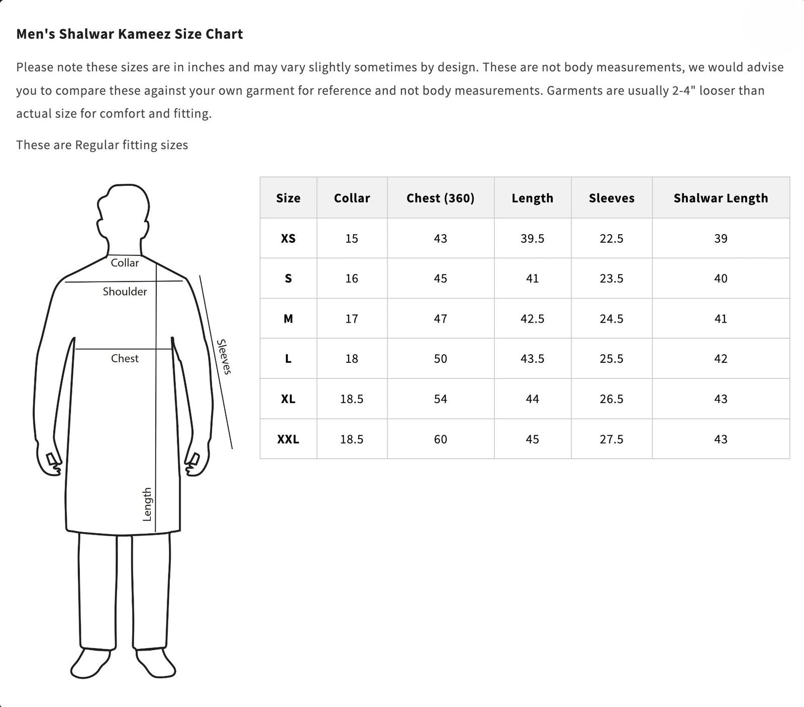 Men's Shalwar Kameez Size Chart