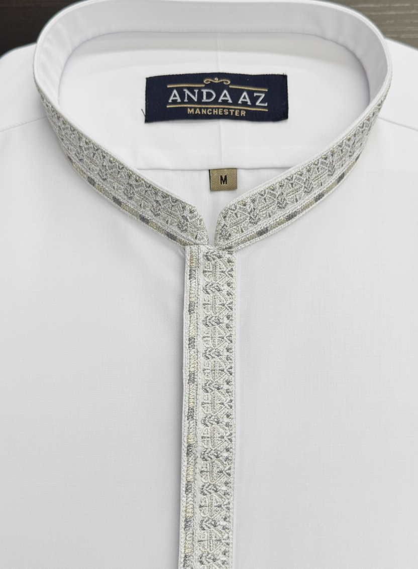 Men's Shalwar Kameez White with New Multi Colour Placket Embroidery