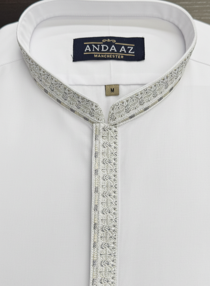 Men's Shalwar Kameez White with New Multi Colour Placket Embroidery