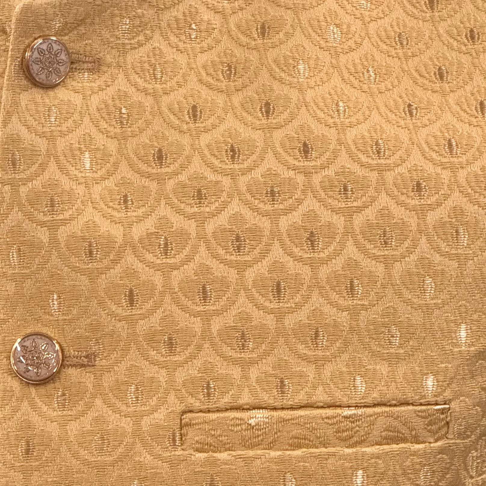 Men's Shell Design Pale Gold Jamawar Waistcoat Close Up