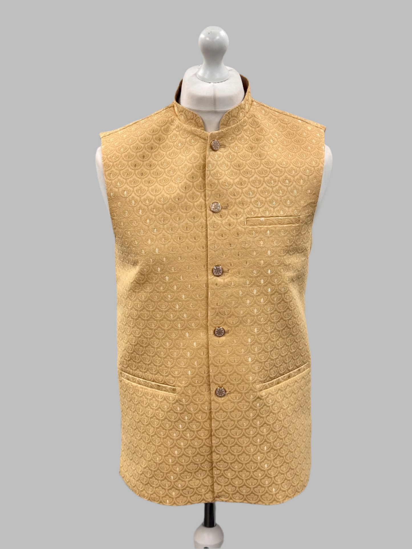 Men's Shell Design Pale Gold Jamawar Waistcoat Front View