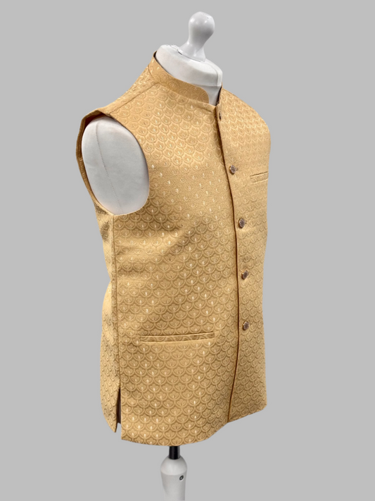 Men's Shell Design Pale Gold Jamawar Waistcoat Side View