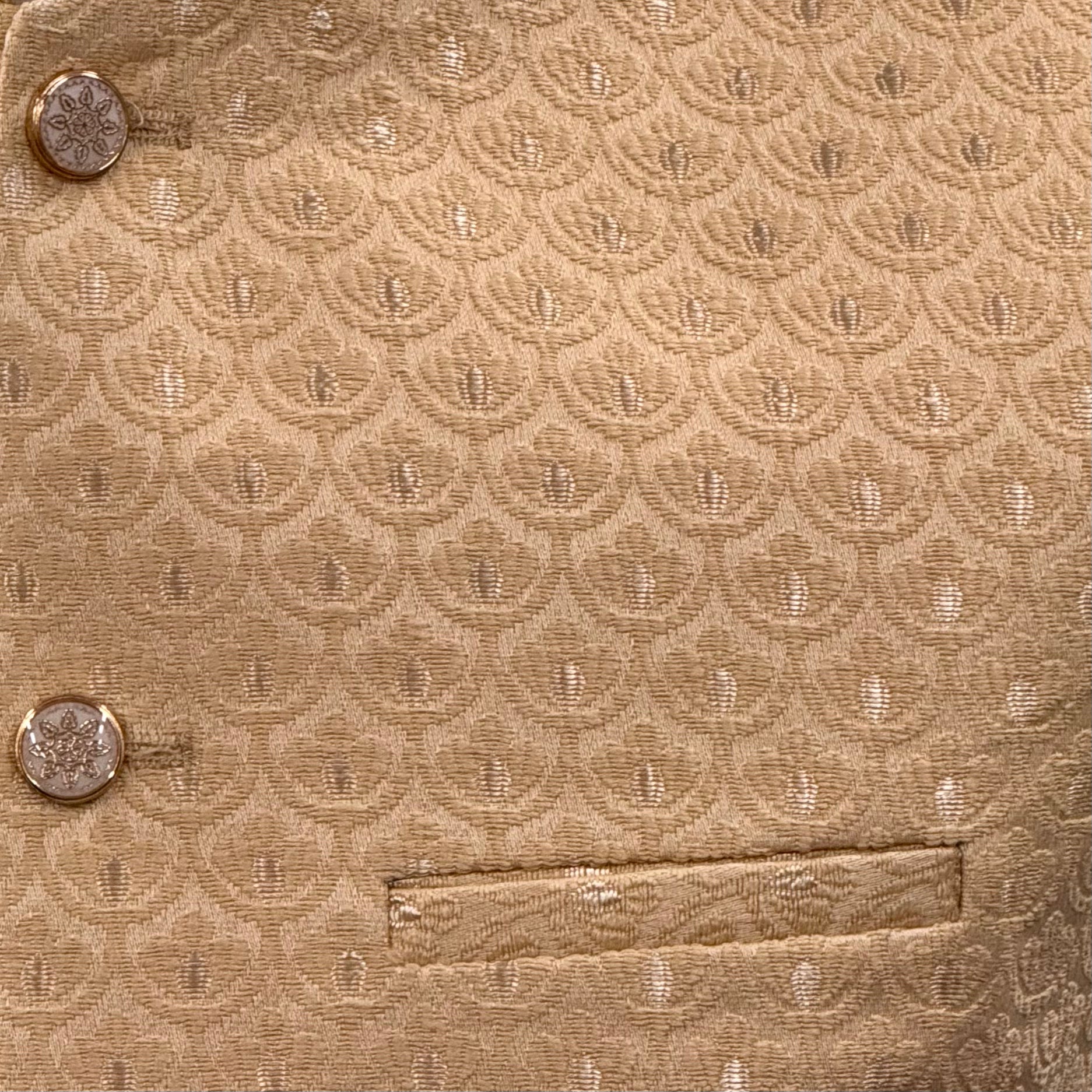 Men's Shell Design Pecan Jamawar Waistcoat Close Up