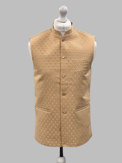 Men's Shell Design Pecan Jamawar Waistcoat Front View