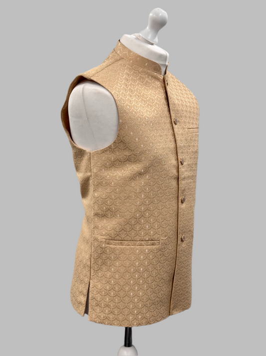 Men's Shell Design Pecan Jamawar Waistcoat Side View