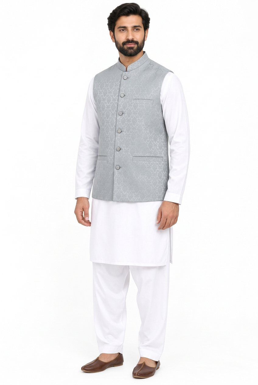 Men's Silver Grey Diamond Design Jamawar Waistcoat Angled Full