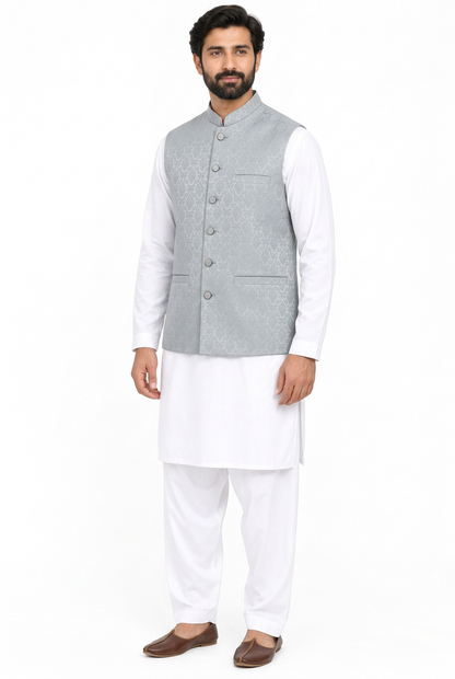Men's Silver Grey Diamond Design Jamawar Waistcoat Angled Full