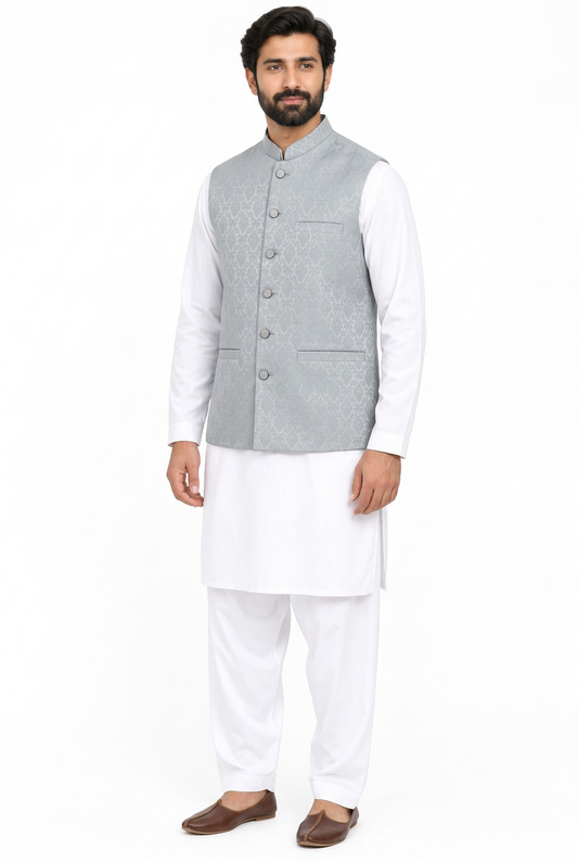 Men's Silver Grey Diamond Design Jamawar Waistcoat Angled Full