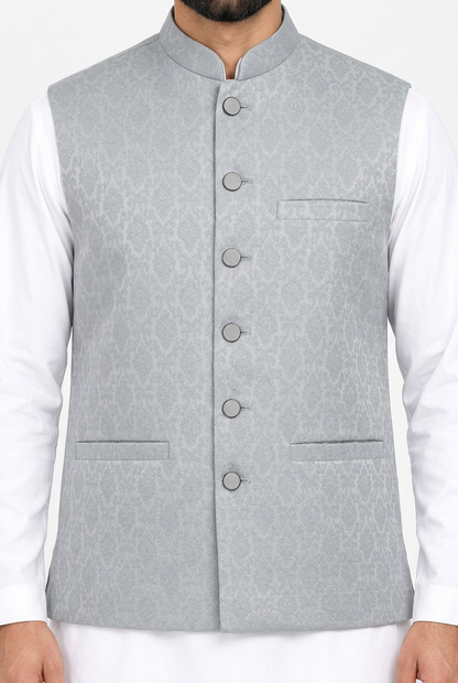 Men's Silver Grey Diamond Design Jamawar Waistcoat Close Up