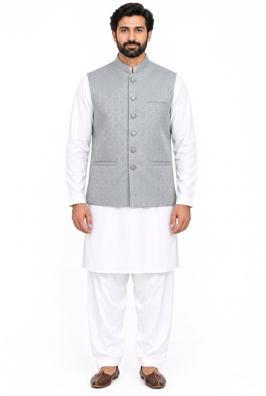 Men's Silver Grey Diamond Design Jamawar Waistcoat Full
