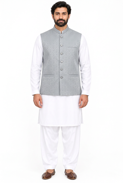 Men's Silver Grey Diamond Design Jamawar Waistcoat Full